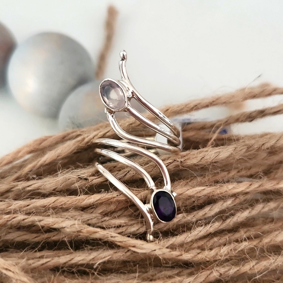 NEW Sterling Silver Double Gemstone Bypass Ring - Picture 3 of 8